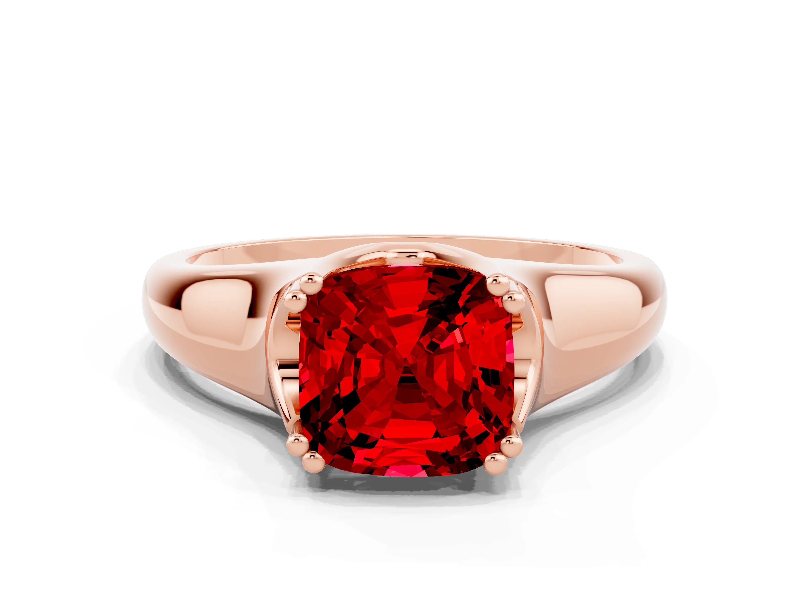 Rose gold Cushion Cut Ruby Solitaire Ring with Wide Band and Prong Setting