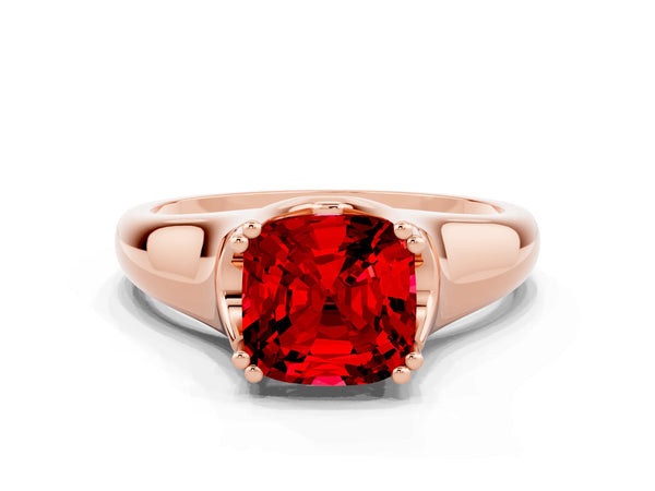 Rose gold Cushion Cut Ruby Solitaire Ring with Wide Band and Prong Setting