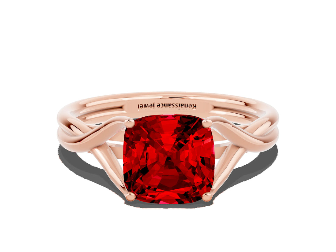 Rose gold Cushion Cut Ruby Solitaire Twist Band Prong Setting Ring_90