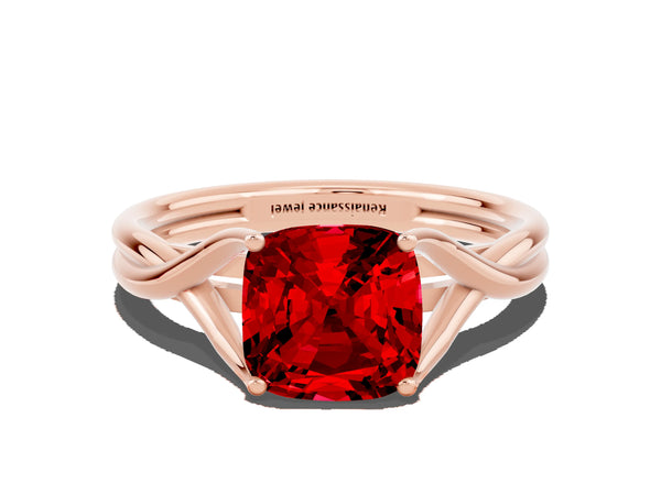 Rose gold Cushion Cut Ruby Solitaire Twist Band Prong Setting Ring