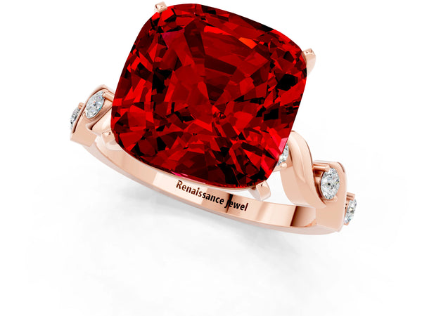 Rose gold Cushion Cut Ruby Solitaire Twisted Band with Round  Accents and Prong Setting