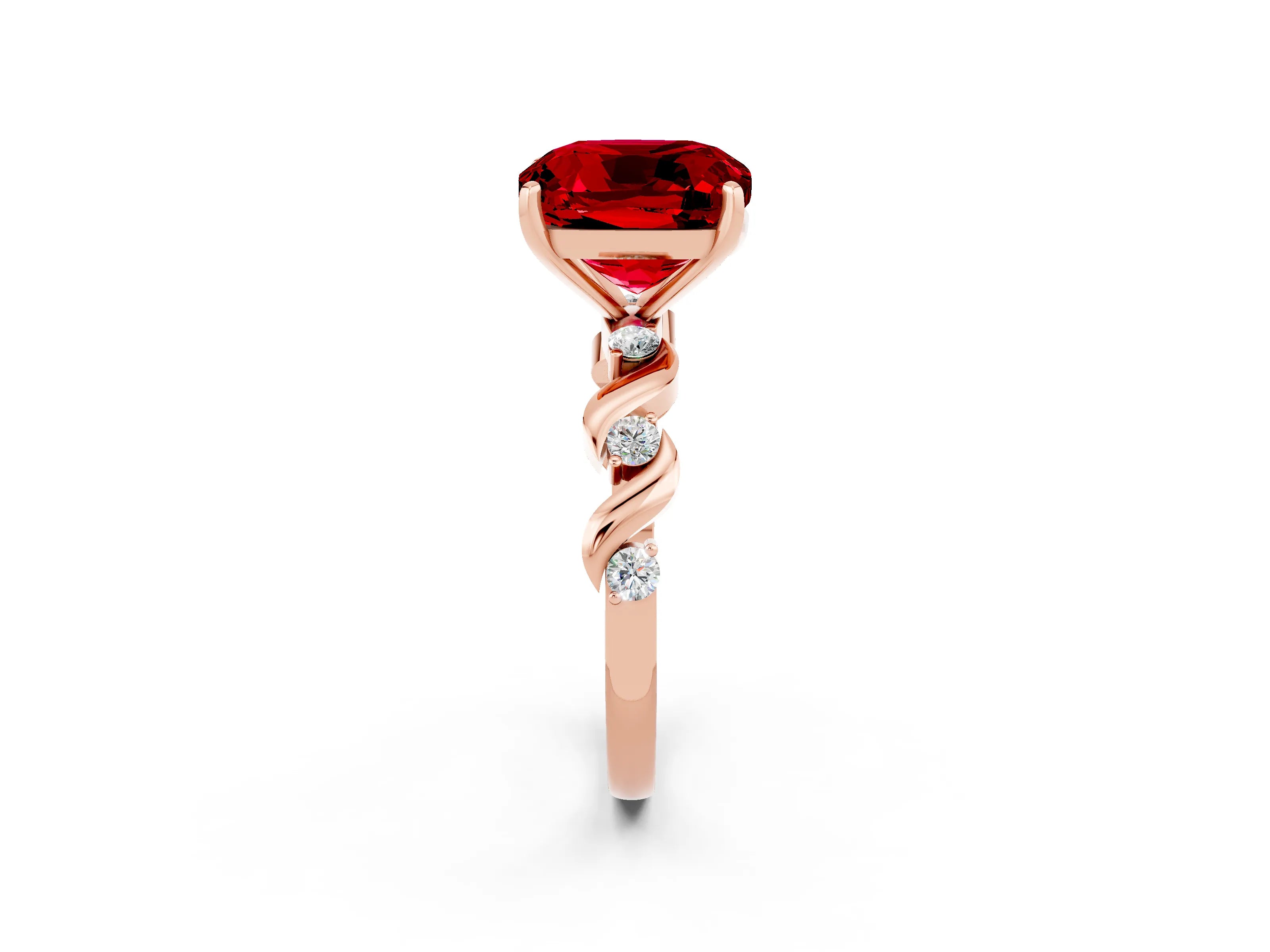 Rose gold Cushion Cut Ruby Solitaire Twisted Band with Round  Accents and Prong Setting_14