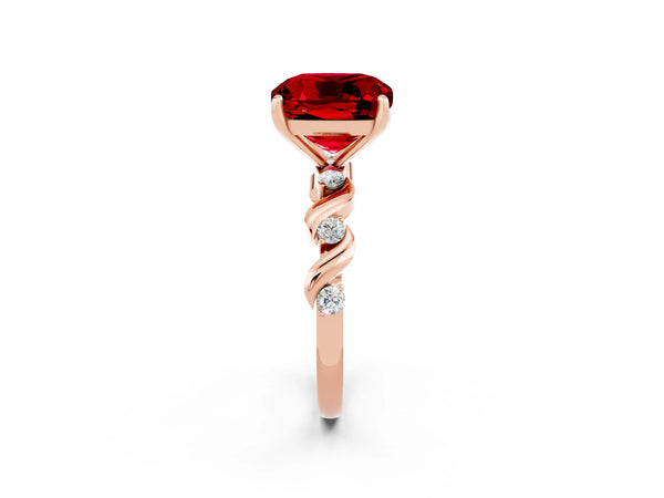 Rose gold Cushion Cut Ruby Solitaire Twisted Band with Round  Accents and Prong Setting