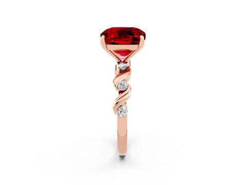 Rose gold Cushion Cut Ruby Solitaire Twisted Band with Round  Accents and Prong Setting_14