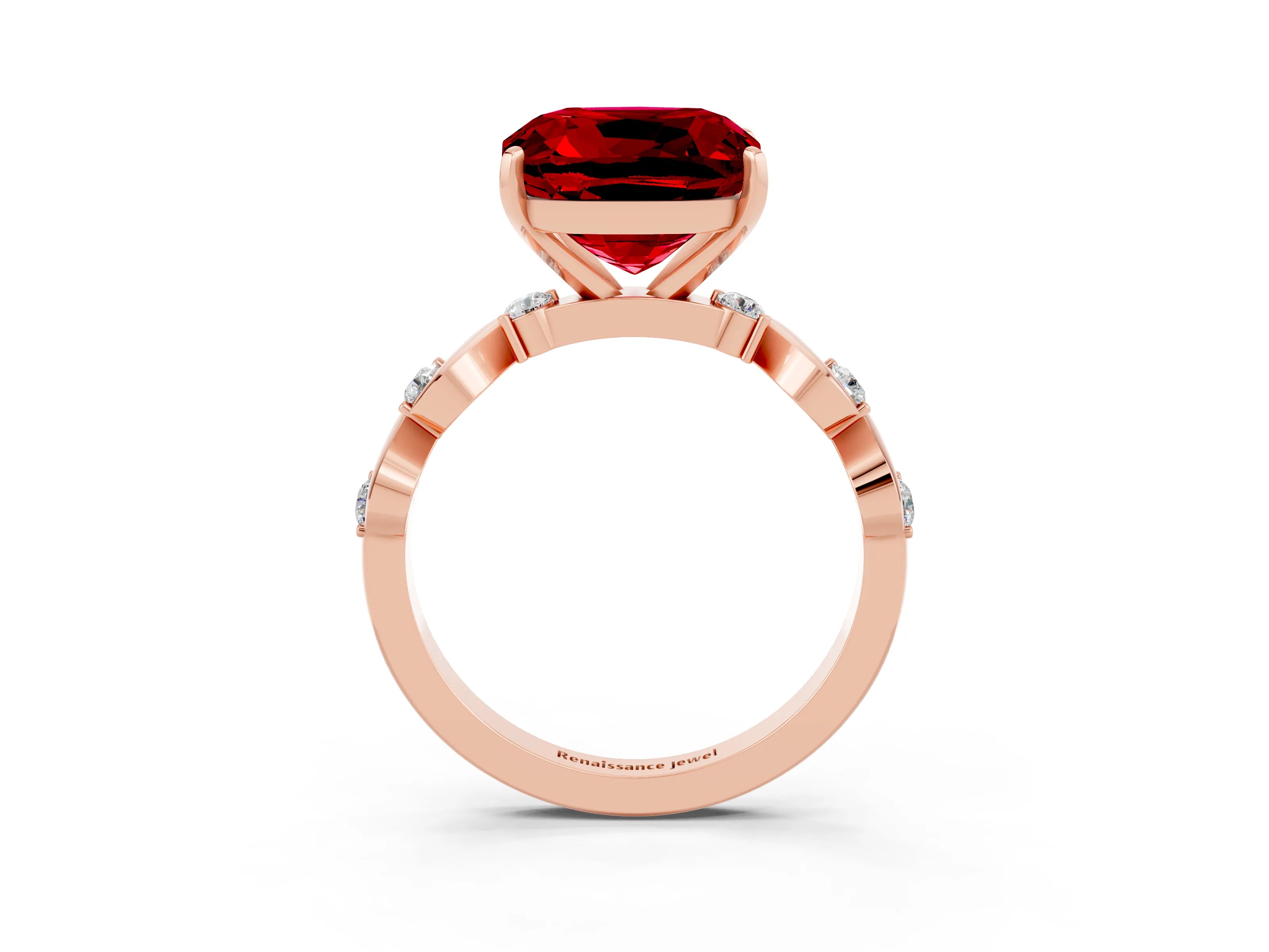 Rose gold Cushion Cut Ruby Solitaire Twisted Band with Round  Accents and Prong Setting_15