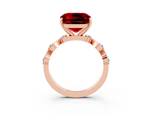 Rose gold Cushion Cut Ruby Solitaire Twisted Band with Round  Accents and Prong Setting