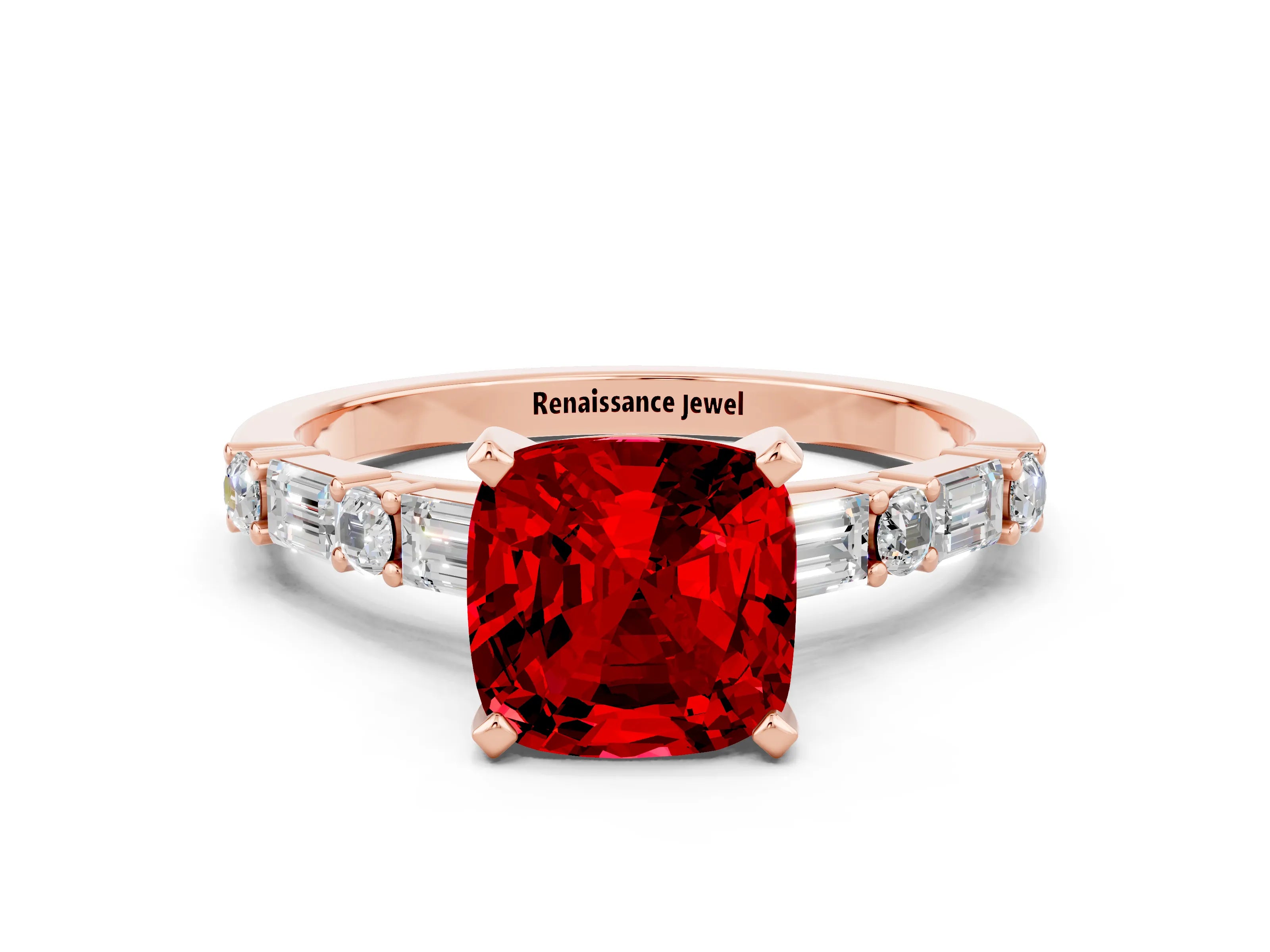 Rose gold Cushion Cut Ruby Solitaire with Side Baguettes and Channel Set Band