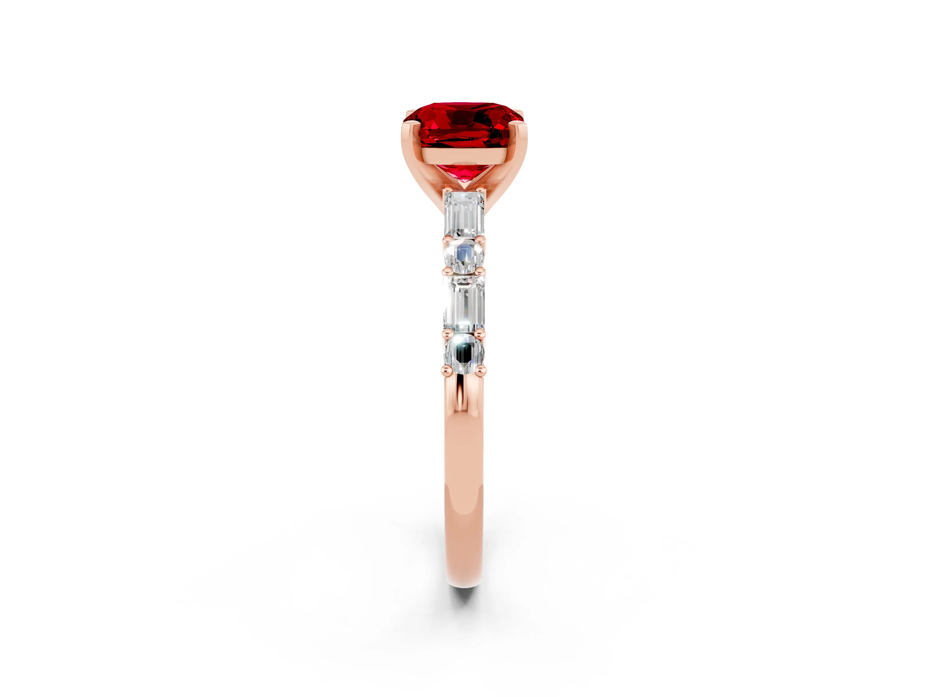 Rose gold Cushion Cut Ruby Solitaire with Side Baguettes and Channel Set Band_2