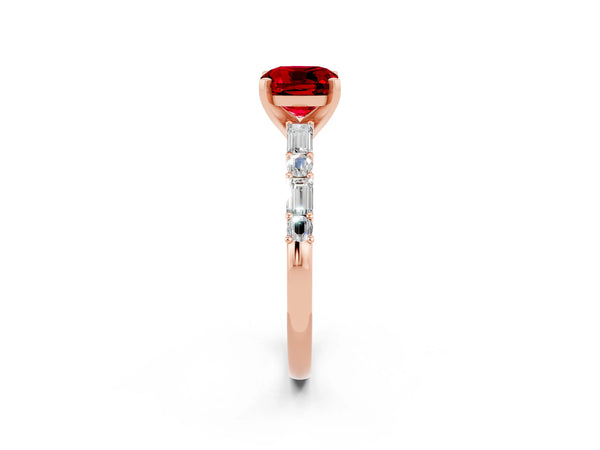 Rose gold Cushion Cut Ruby Solitaire with Side Baguettes and Channel Set Band