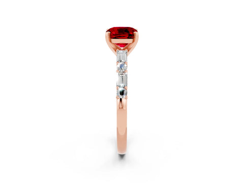 Rose gold Cushion Cut Ruby Solitaire with Side Baguettes and Channel Set Band_2