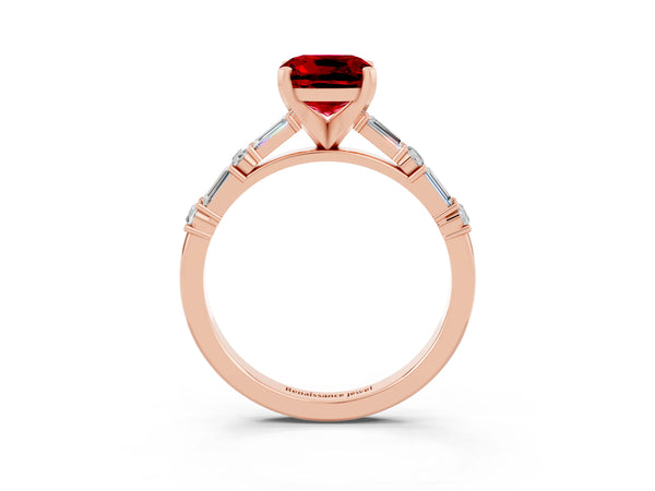 Rose gold Cushion Cut Ruby Solitaire with Side Baguettes and Channel Set Band
