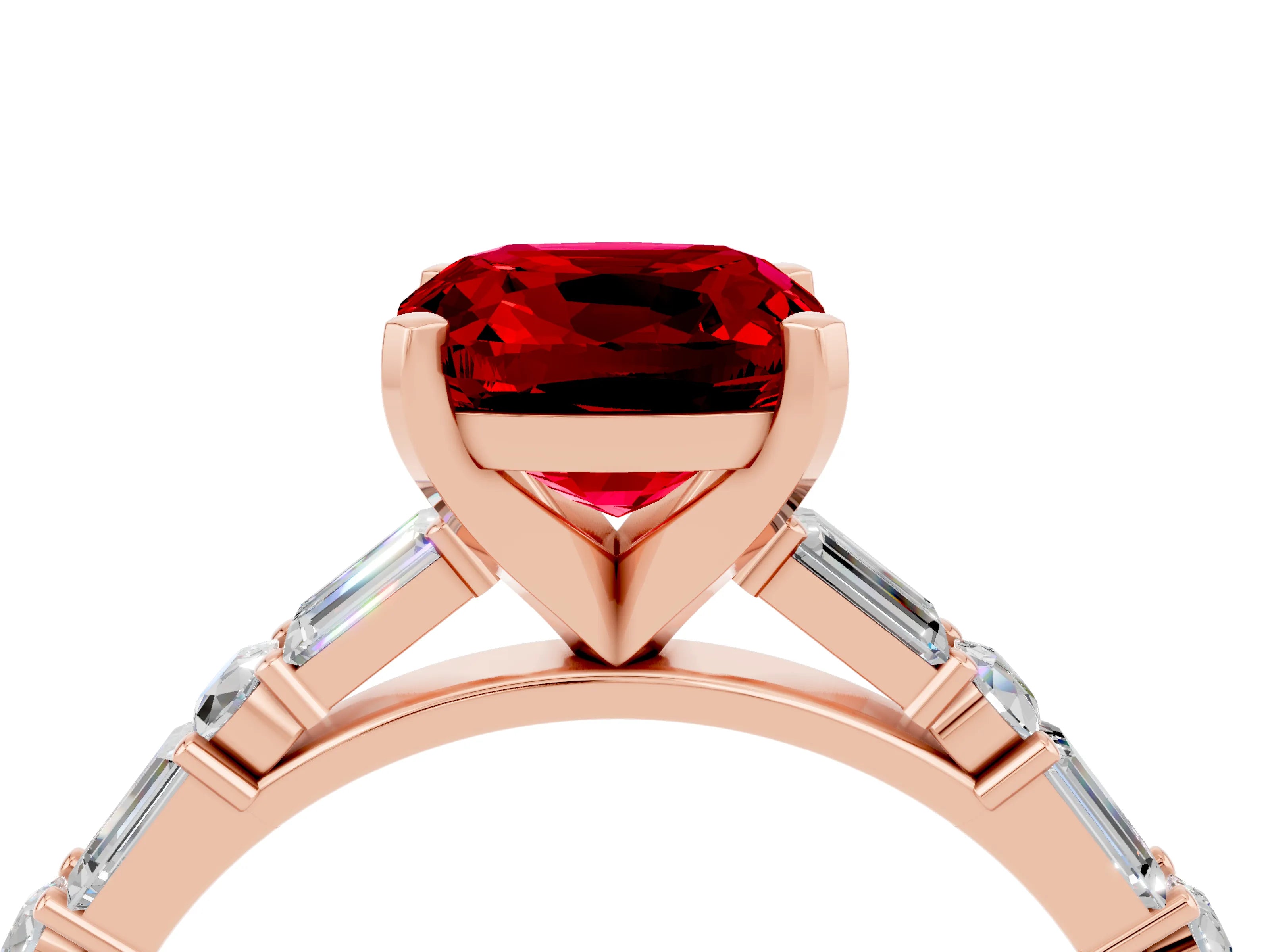 Rose gold Cushion Cut Ruby Solitaire with Side Baguettes and Channel Set Band_4