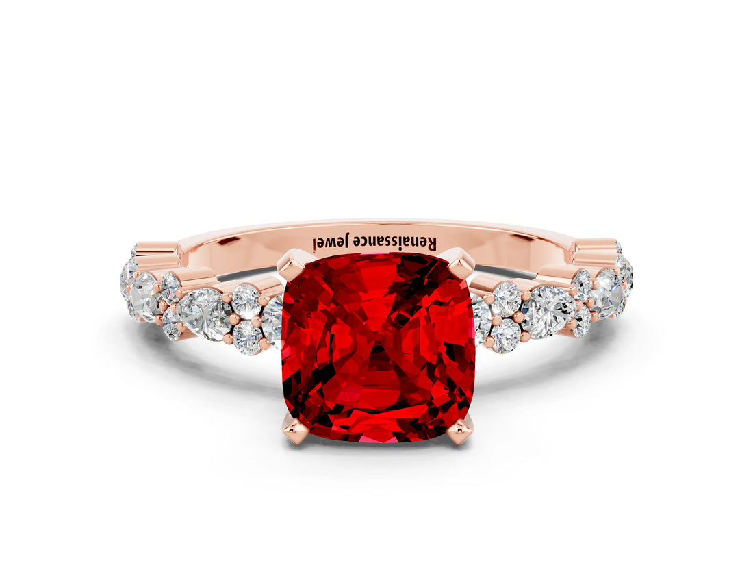 Rose gold Cushion Cut Ruby Solitaire with Side Stones, Pave Band, Four-Prong Setting_36