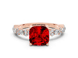 Rose gold Cushion Cut Ruby Solitaire with Side Stones, Pave Band, Four-Prong Setting_36