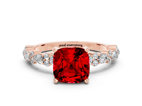 Rose gold Cushion Cut Ruby Solitaire with Side Stones, Pave Band, Four-Prong Setting_36