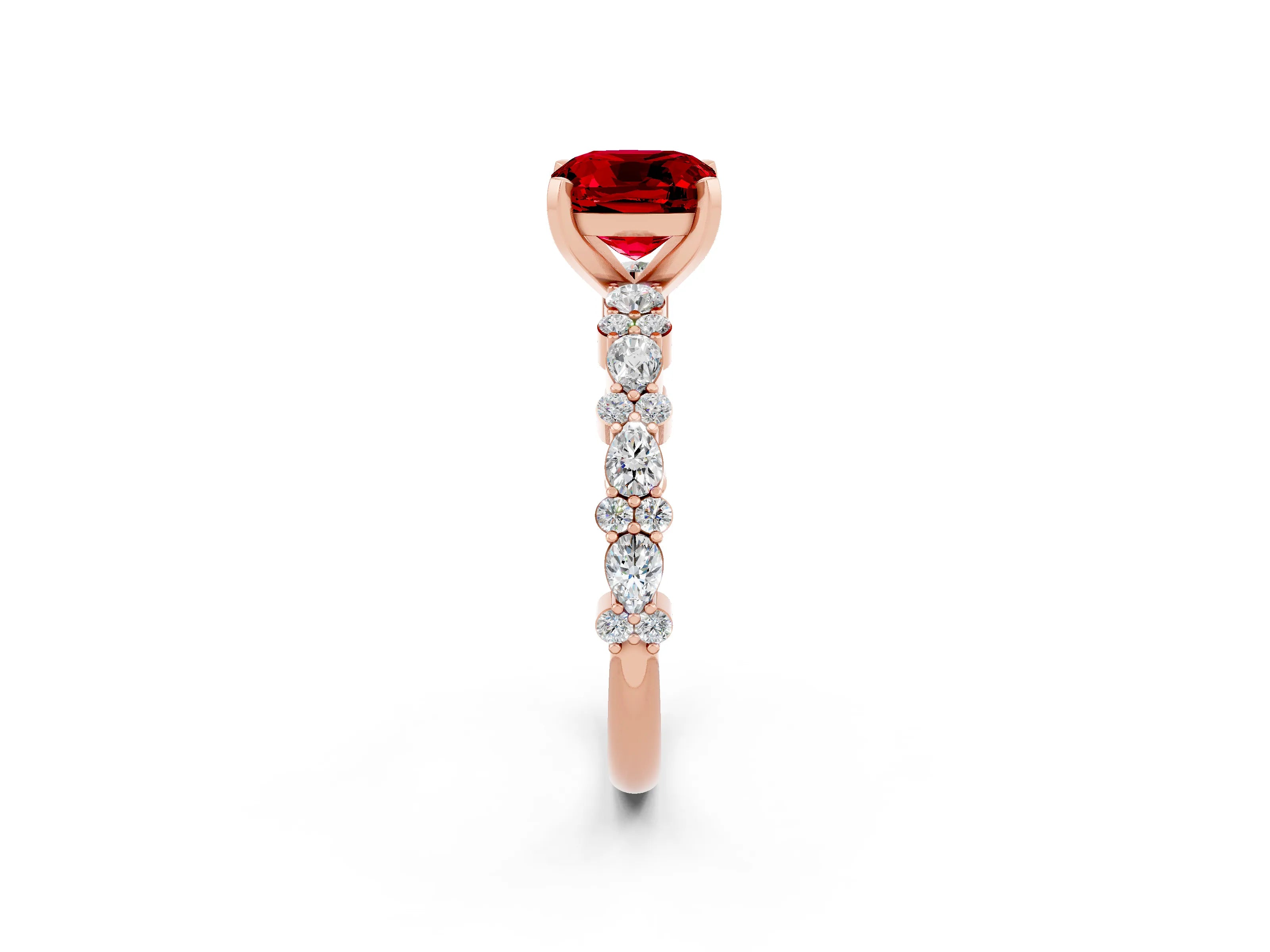 Rose gold Cushion Cut Ruby Solitaire with Side Stones, Pave Band, Four-Prong Setting_38