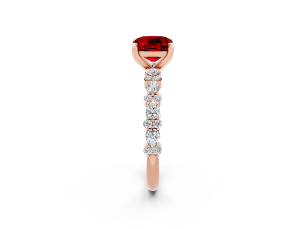 Rose gold Cushion Cut Ruby Side Stone Solitaire Ring with Round  and Four-Prong Setting