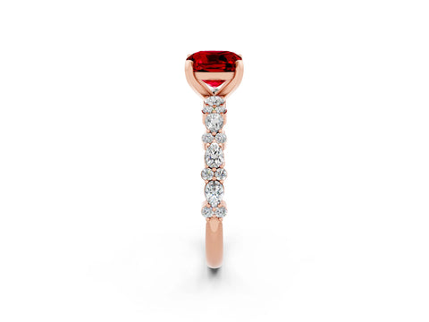 Rose gold Cushion Cut Ruby Solitaire with Side Stones, Pave Band, Four-Prong Setting_38