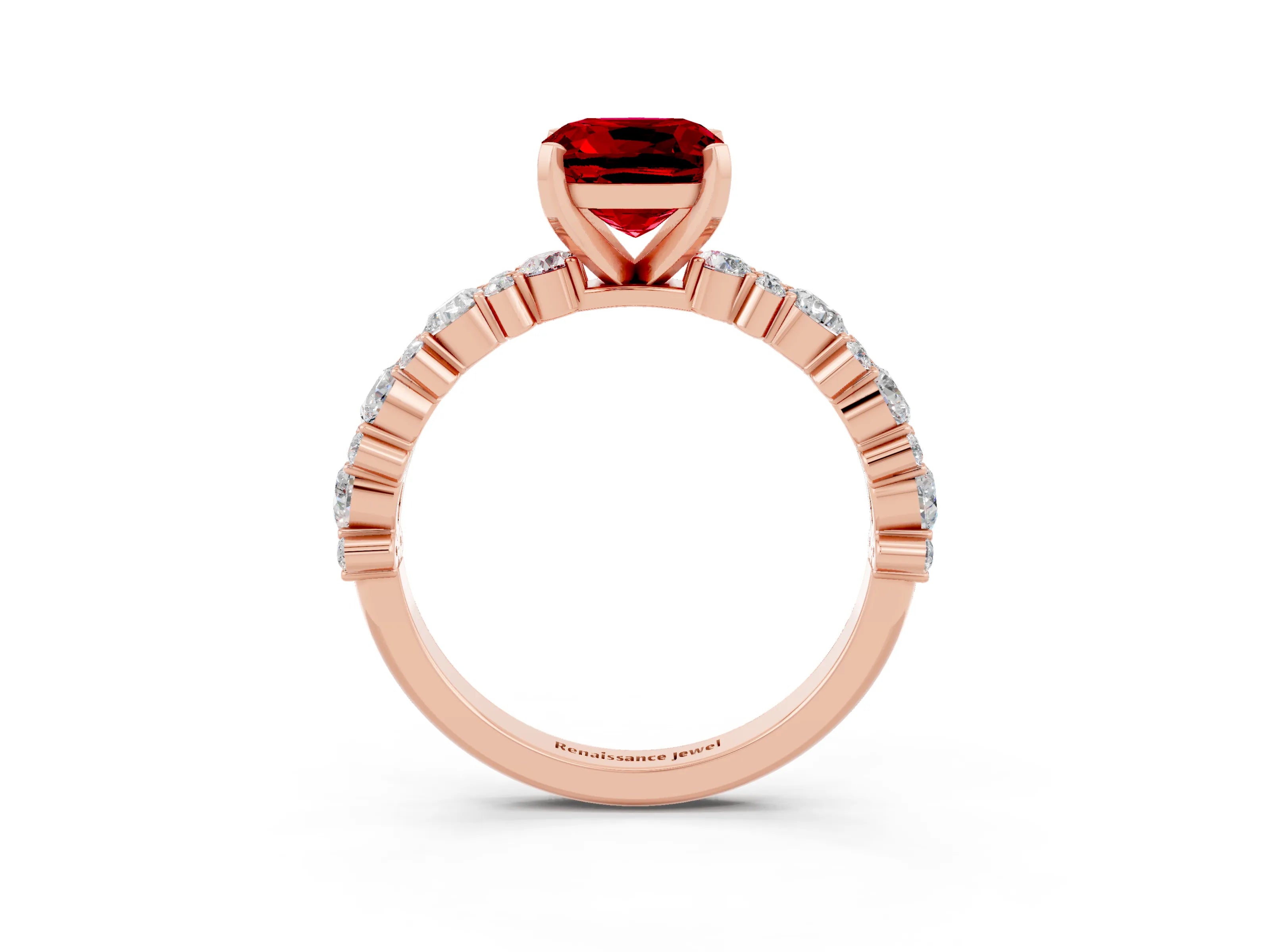 Rose gold Cushion Cut Ruby Solitaire with Side Stones, Pave Band, Four-Prong Setting_39