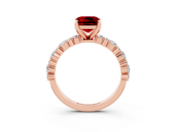 Rose gold Cushion Cut Ruby Side Stone Solitaire Ring with Round  and Four-Prong Setting