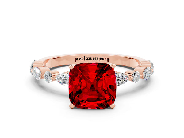Rose gold Cushion Cut Ruby Ring with Marquise and Round  Side Stones and Four-Prong Setting