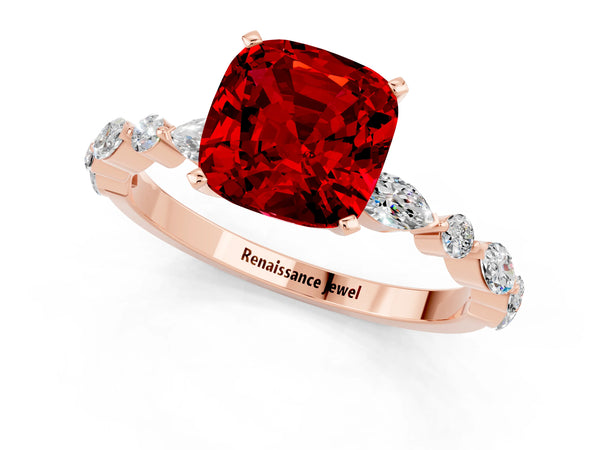 Rose gold Cushion Cut Ruby Ring with Marquise and Round  Side Stones and Four-Prong Setting