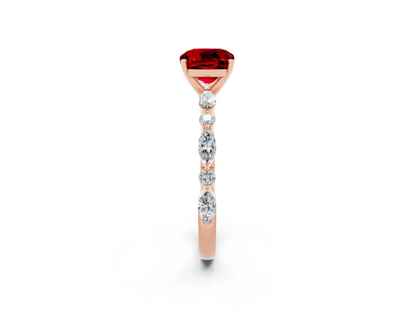 Rose gold Cushion Cut Ruby Ring with Marquise and Round  Side Stones and Four-Prong Setting