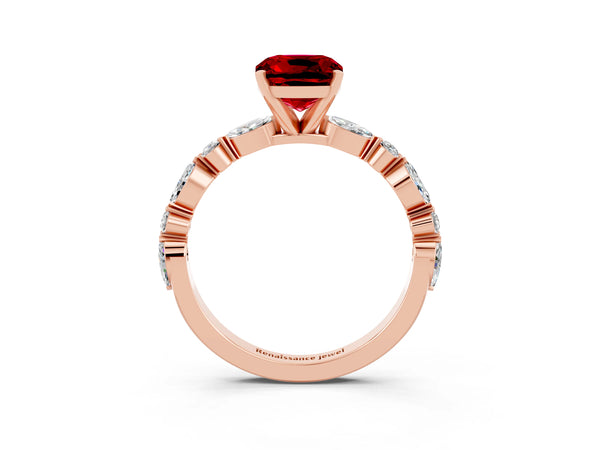 Rose gold Cushion Cut Ruby Ring with Marquise and Round  Side Stones and Four-Prong Setting