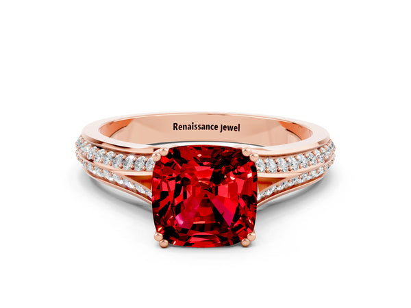 Rose gold Cushion Cut Ruby Split Shank Engagement Ring with Pavé Band