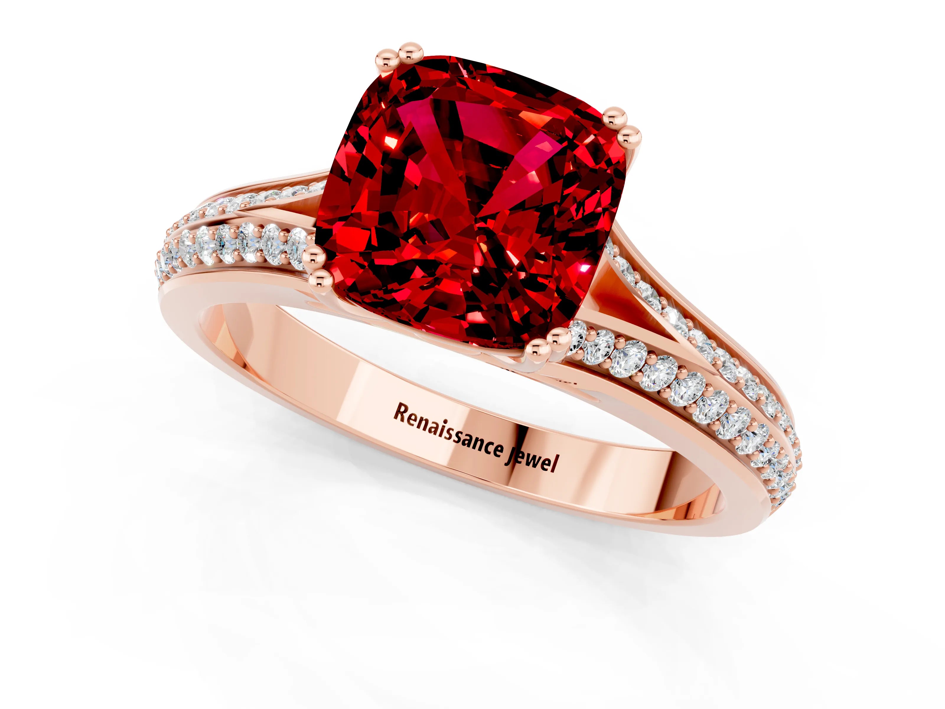 Rose gold Cushion Cut Ruby Split Shank Engagement Ring with Pavé Band_1