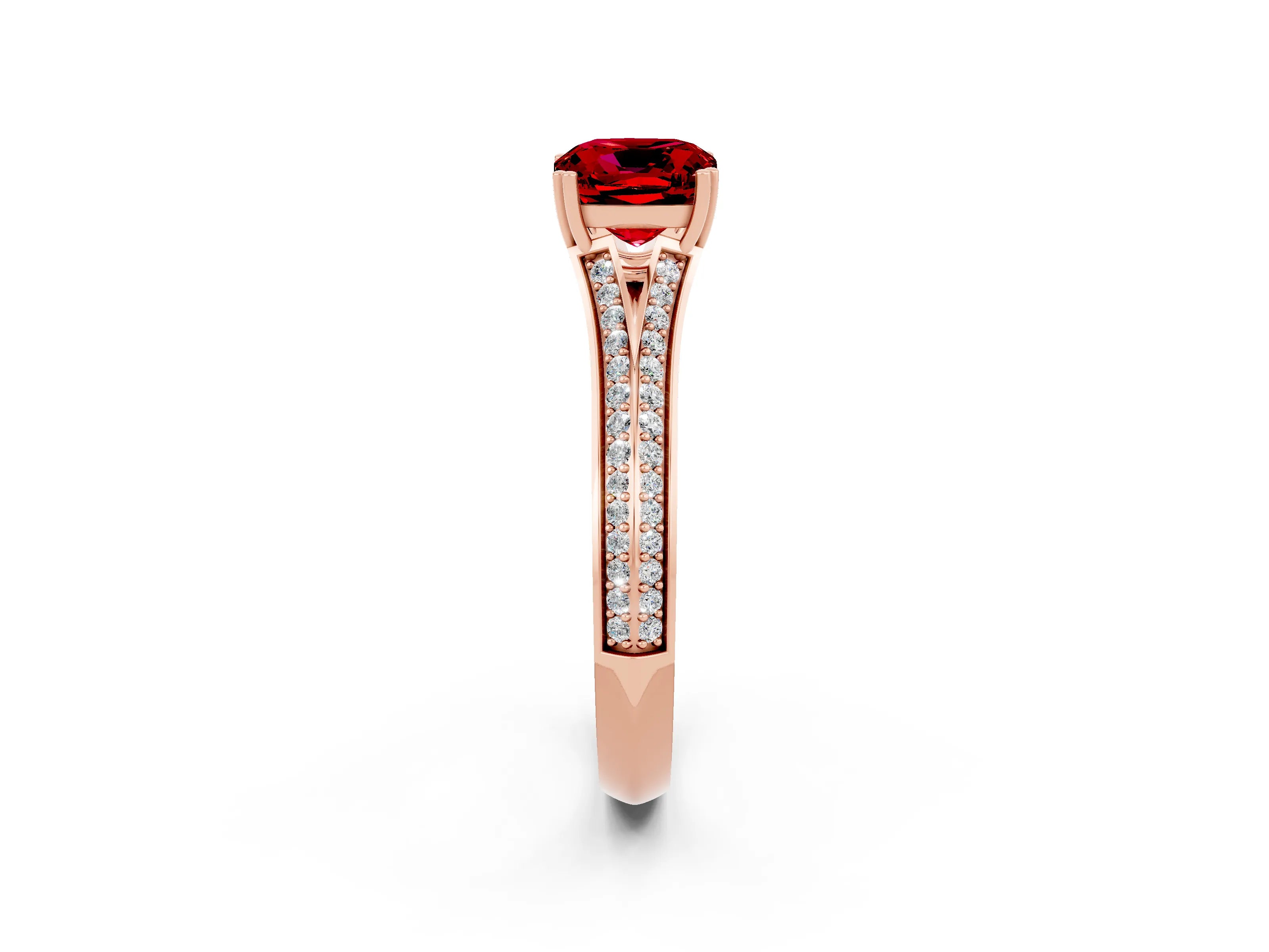 Rose gold Cushion Cut Ruby Split Shank Engagement Ring with Pavé Band_2