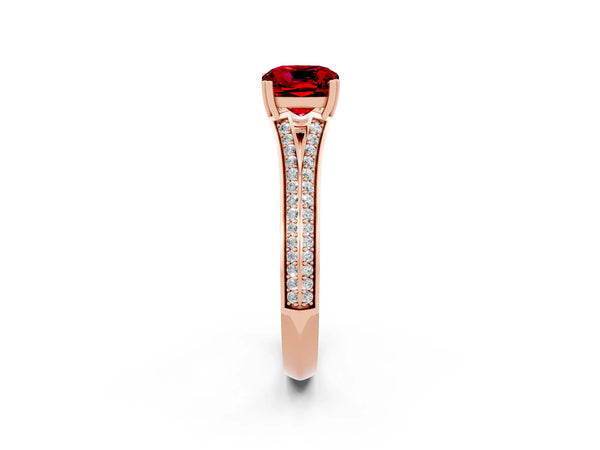 Rose gold Cushion Cut Ruby Split Shank Engagement Ring with Pavé Band