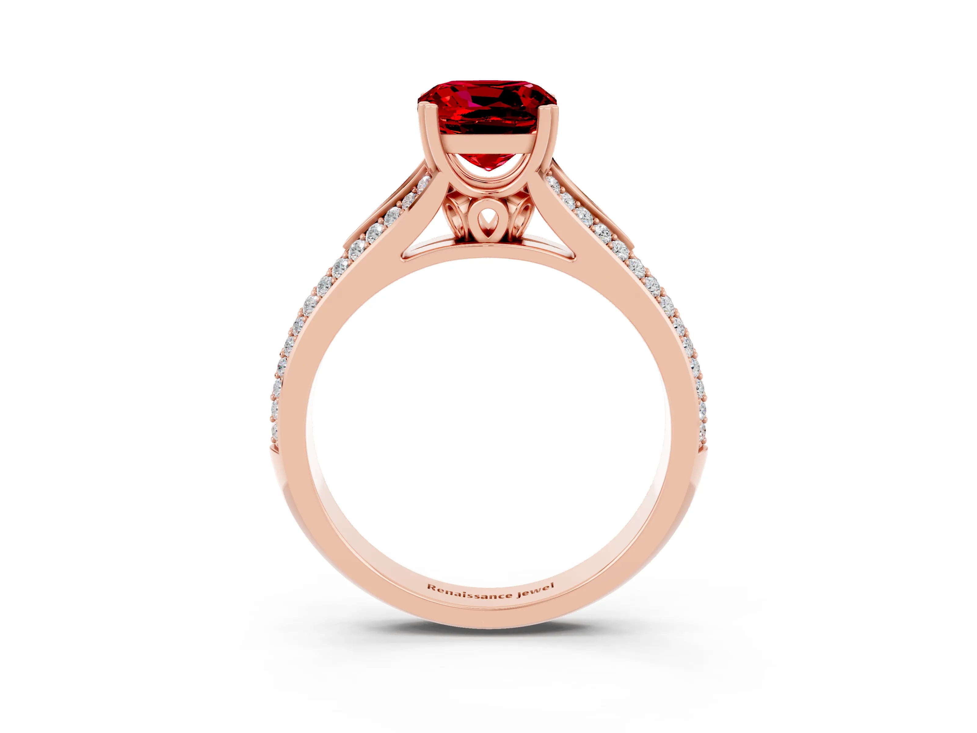 Rose gold Cushion Cut Ruby Split Shank Engagement Ring with Pavé Band_3