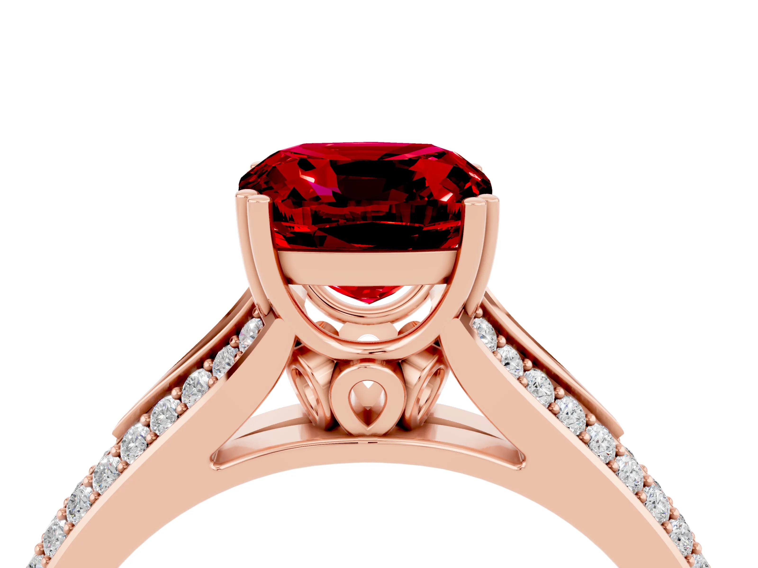 Rose gold Cushion Cut Ruby Split Shank Engagement Ring with Pavé Band_4