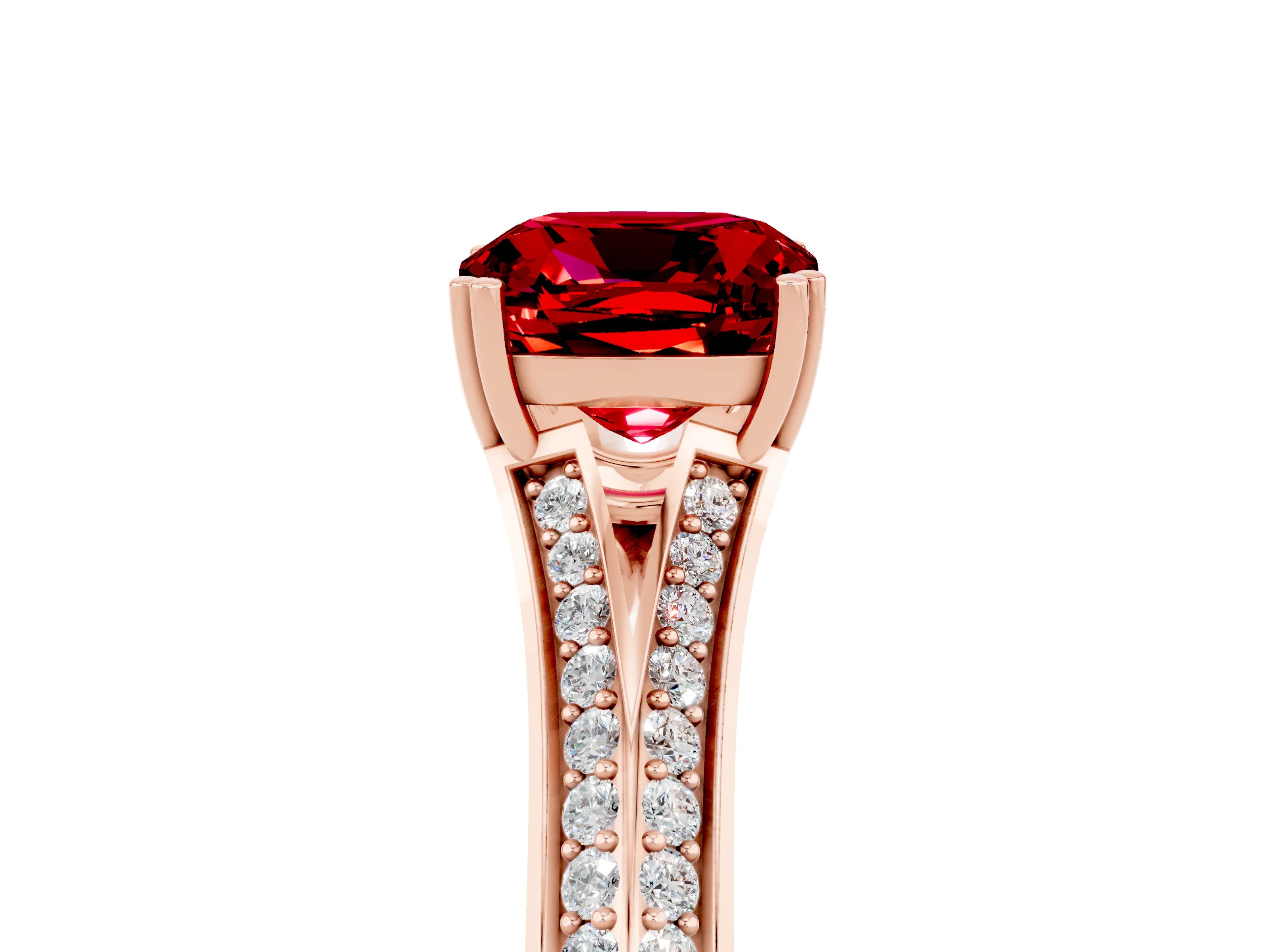Rose gold Cushion Cut Ruby Split Shank Engagement Ring with Pavé Band_5