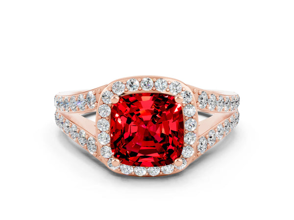 Rose gold Cushion Cut Ruby Split Shank Halo Ring with Four-Prong Setting