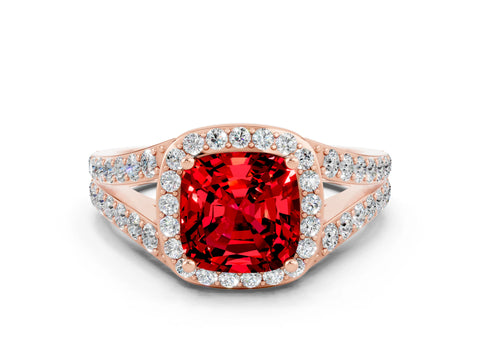 Rose gold Cushion Cut Ruby Split Shank Halo Ring with Four-Prong Setting_12