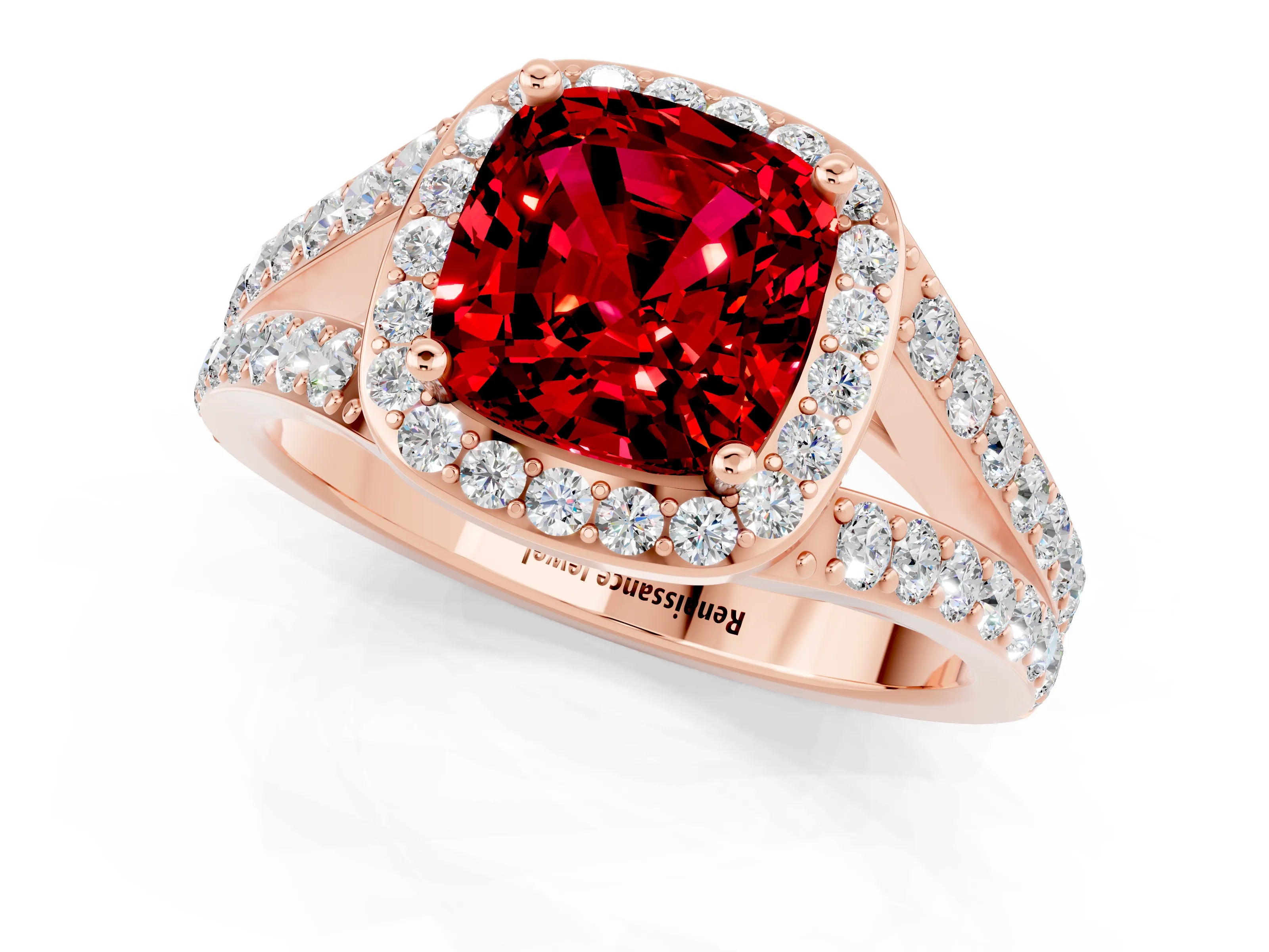 Rose gold Cushion Cut Ruby Split Shank Halo Ring with Four-Prong Setting_13