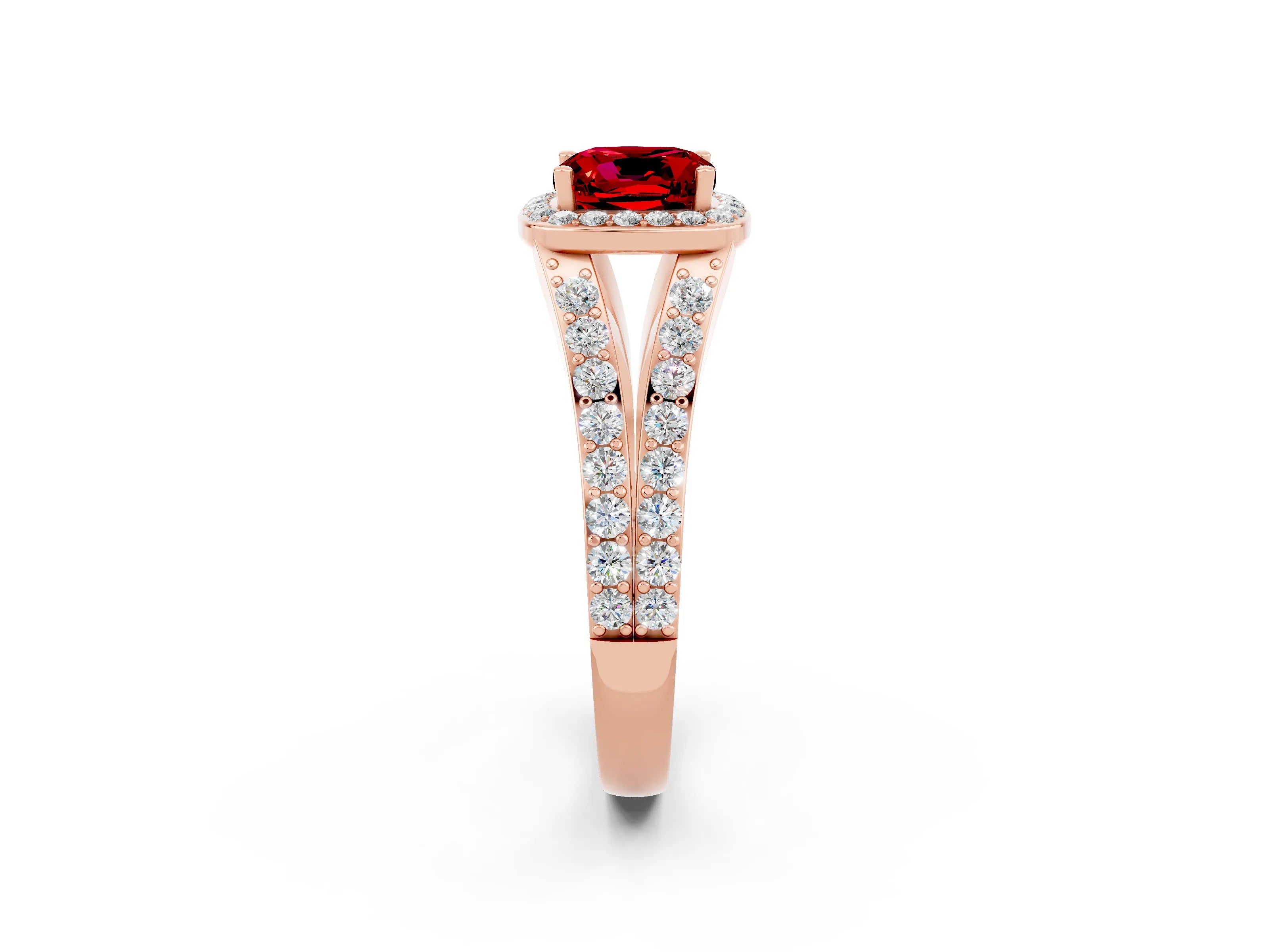 Rose gold Cushion Cut Ruby Split Shank Halo Ring with Four-Prong Setting_14
