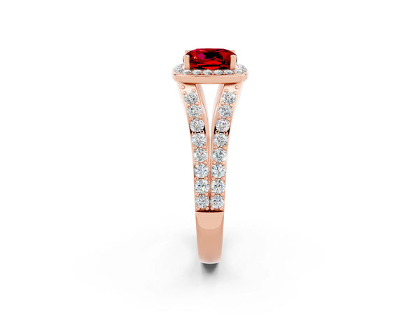 Rose gold Cushion Cut Ruby Split Shank Halo Ring with Four-Prong Setting