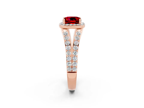 Rose gold Cushion Cut Ruby Split Shank Halo Ring with Four-Prong Setting_14