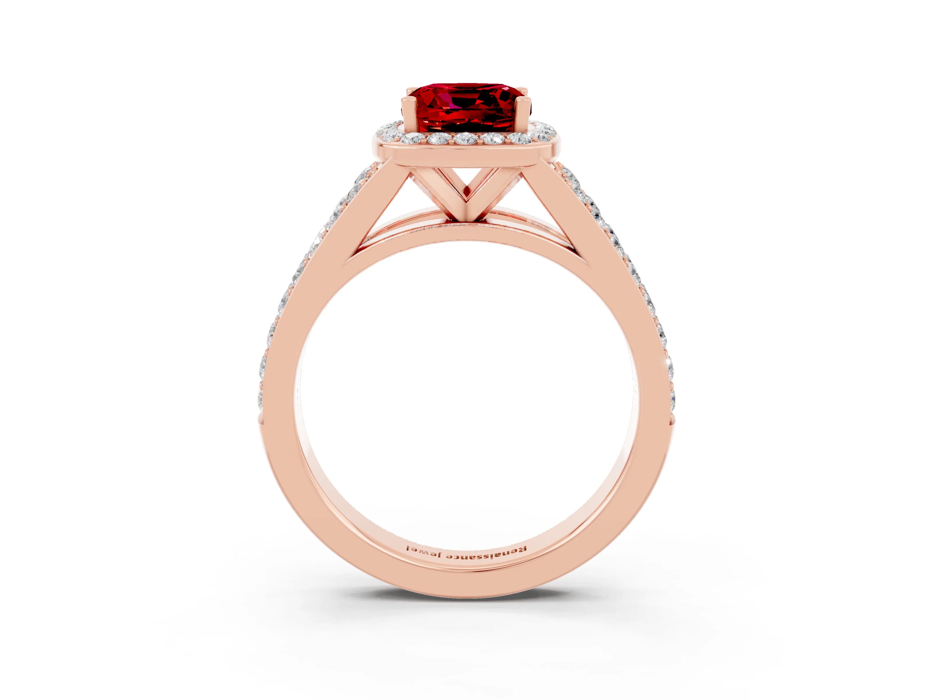 Rose gold Cushion Cut Ruby Split Shank Halo Ring with Four-Prong Setting_15