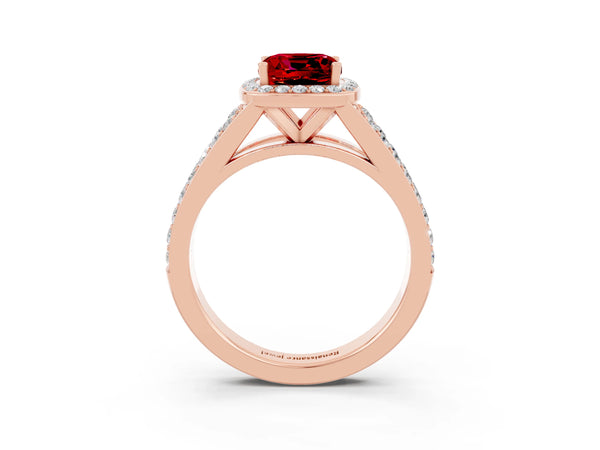 Rose gold Cushion Cut Ruby Split Shank Halo Ring with Four-Prong Setting