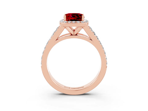Rose gold Cushion Cut Ruby Split Shank Halo Ring with Four-Prong Setting_15