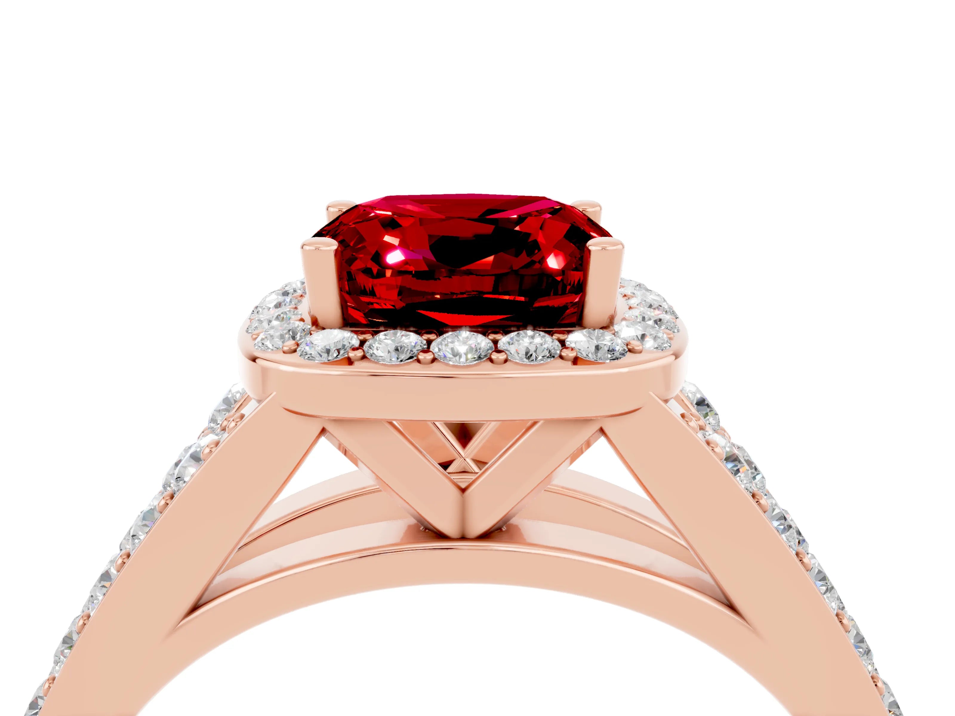 Rose gold Cushion Cut Ruby Split Shank Halo Ring with Four-Prong Setting_16