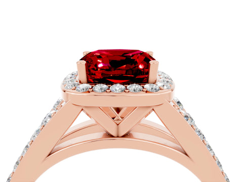 Rose gold Cushion Cut Ruby Split Shank Halo Ring with Four-Prong Setting_16