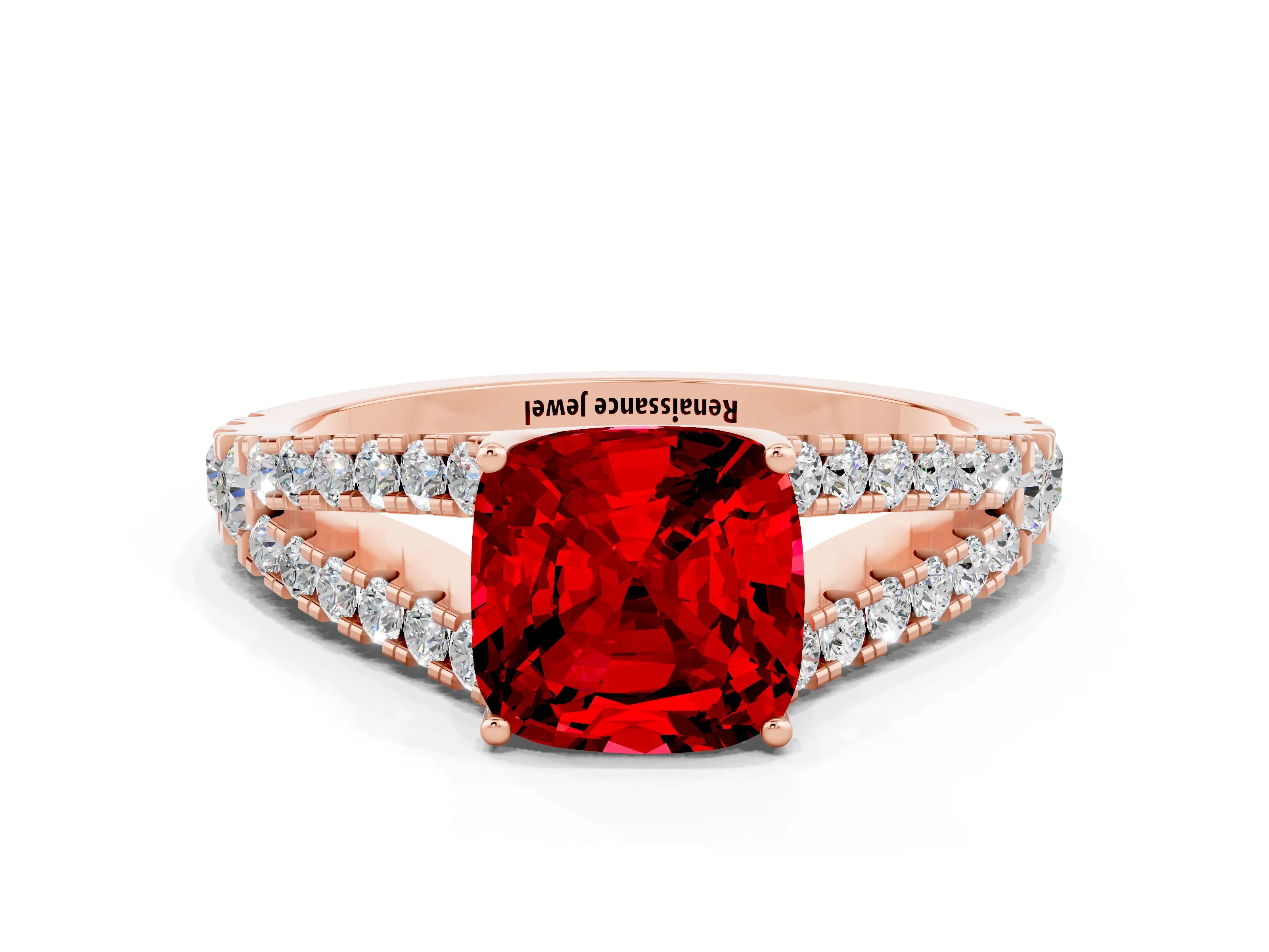 Rose gold Cushion Cut Ruby Split Shank Pavé Engagement Ring with Four-Prong Setting_12