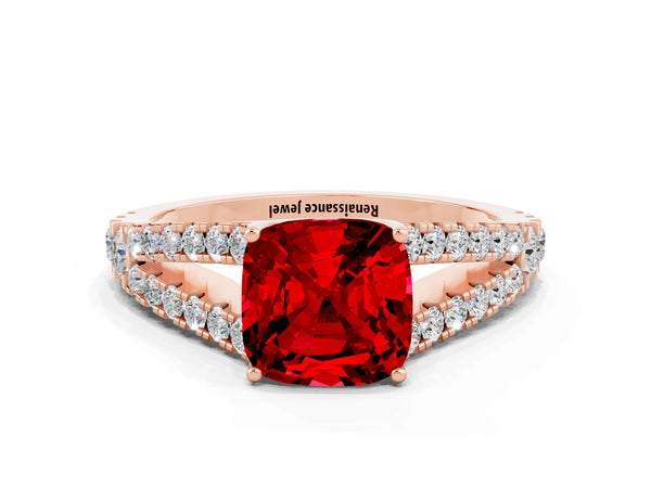Rose gold Cushion Cut Ruby Split Shank Pavé Engagement Ring with Four-Prong Setting