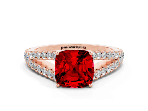 Rose gold Cushion Cut Ruby Split Shank Pavé Engagement Ring with Four-Prong Setting_12