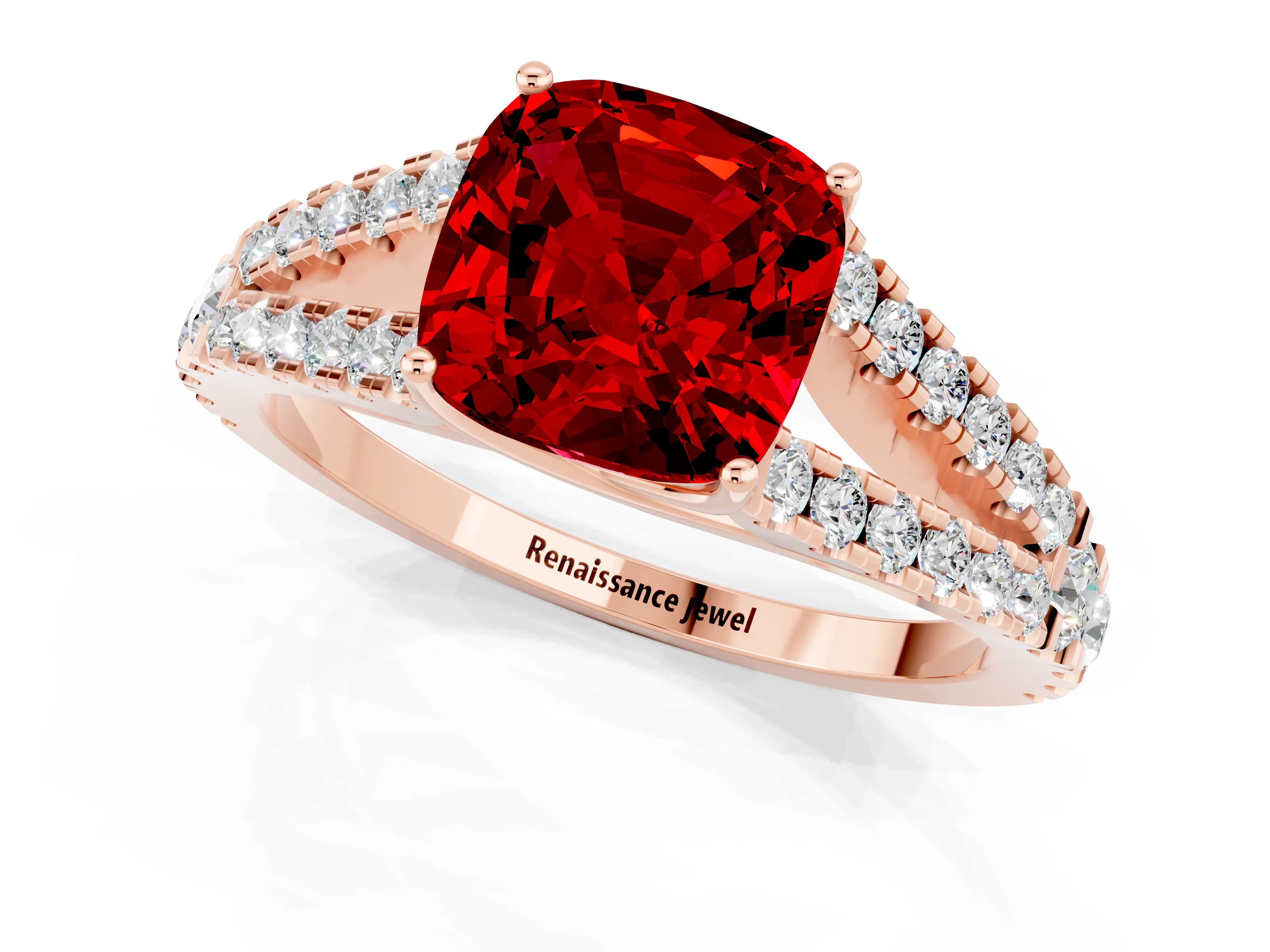 Rose gold Cushion Cut Ruby Split Shank Pavé Engagement Ring with Four-Prong Setting_13